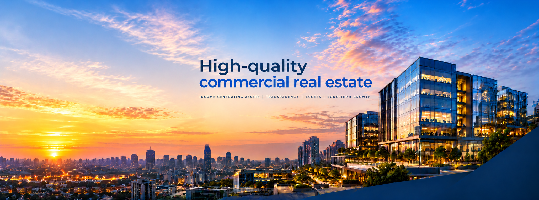 High-quality commercial real estate, with a sunset city skyline and modern glass office buildings